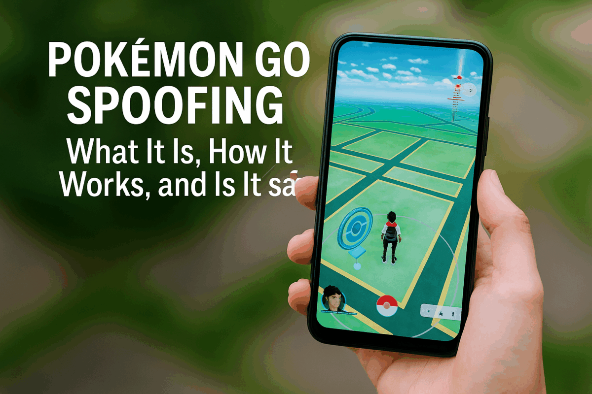 Person holding a smartphone with Pokémon GO spoofing app on screen