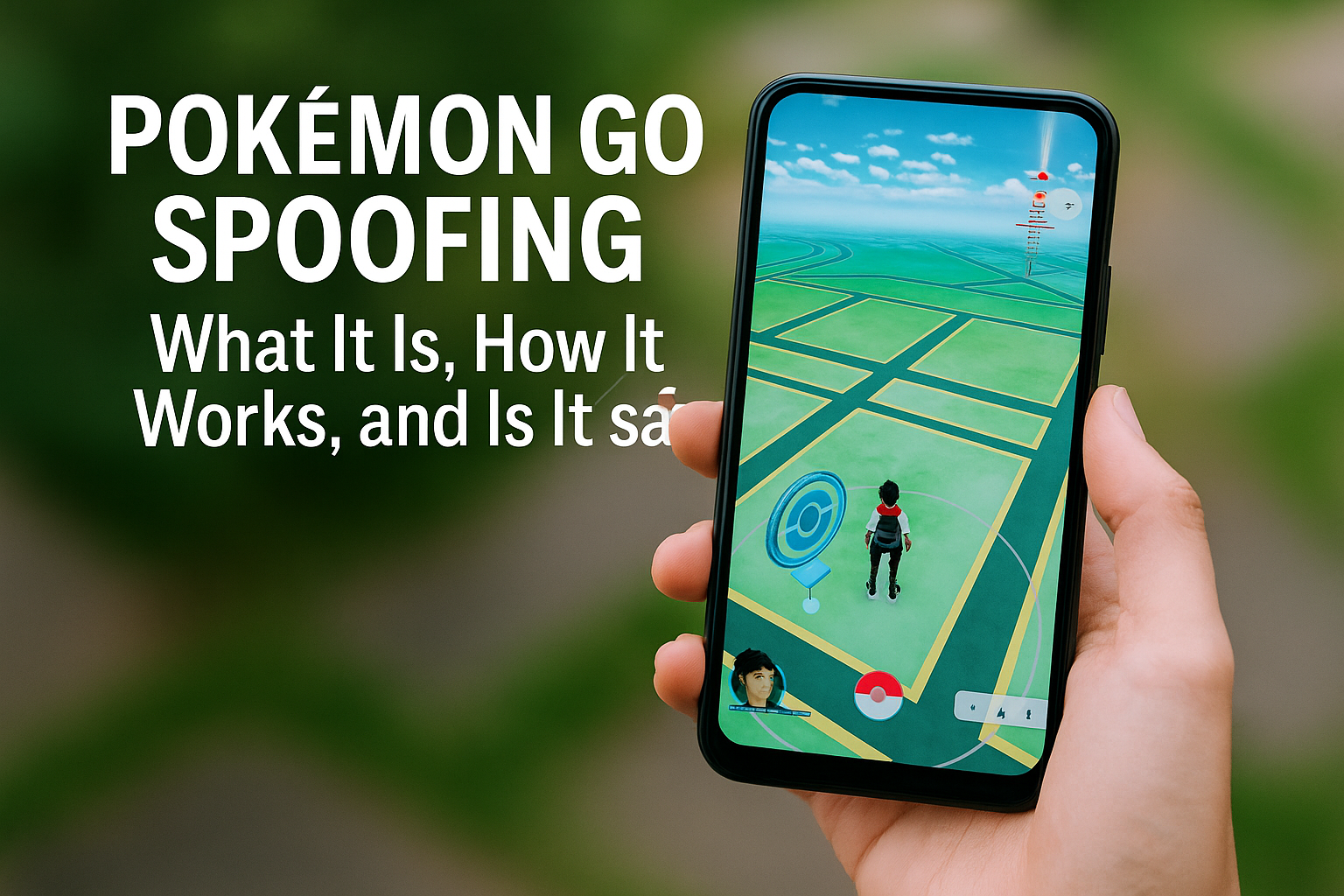 Person holding a smartphone with Pokémon GO spoofing app on screen