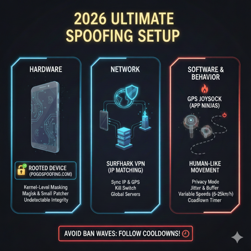 Infographic showing the 2026 ultimate setup for long-term safe Pokémon GO spoofing featuring a rooted Pokémon GO device, Surfshark VPN for IP matching, and App Ninjas GPS joystick settings.