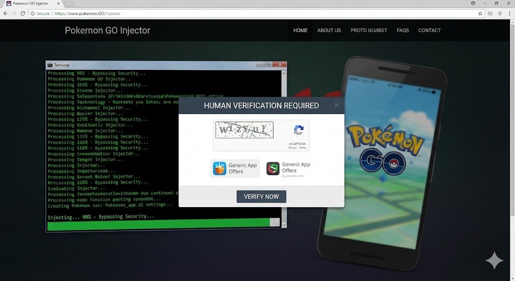 Screenshot of a fake Pokemon GO injector scam website showing a fake terminal window and human verification trap