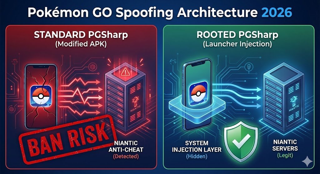 PGSharp Standard vs PGSharp Rooted architecture comparison showing ban risk levels