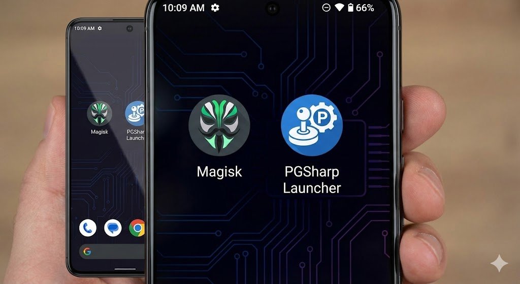 Screenshot of PGSharp Rooted Launcher interface next to Magisk on a Google Pixel