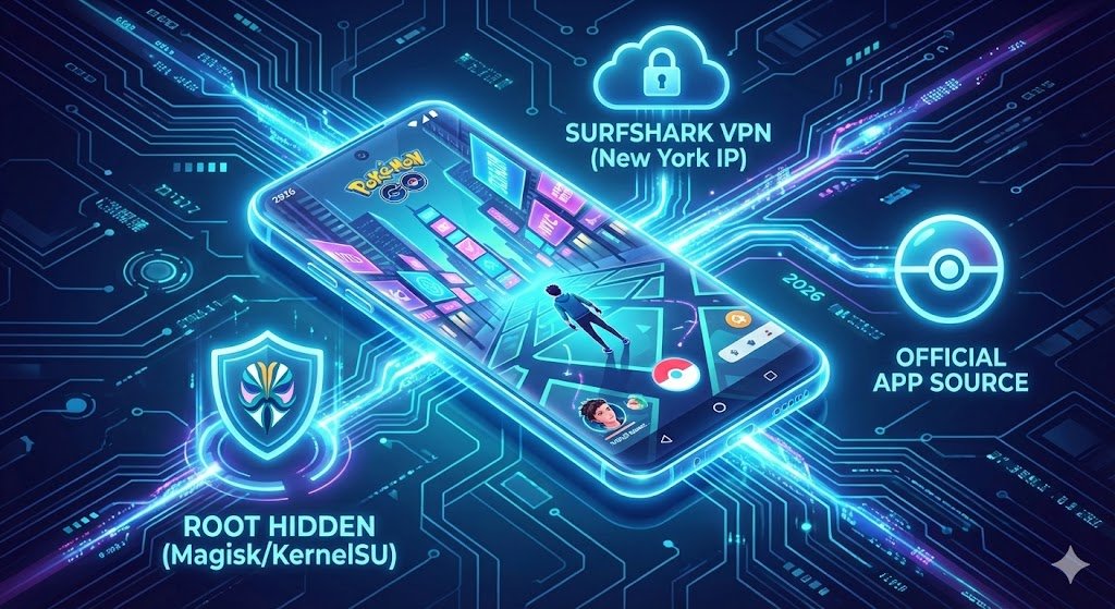 A complete safe spoofing setup with PGSharp Rooted android and VPN