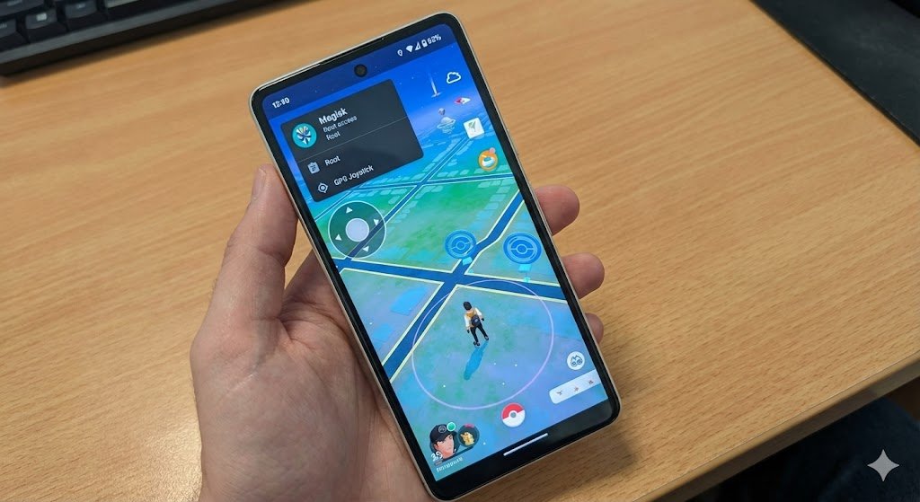 Google Pixel 7 rooted Android phone running official Pokemon GO app with Magisk overlay and GPS Joystick