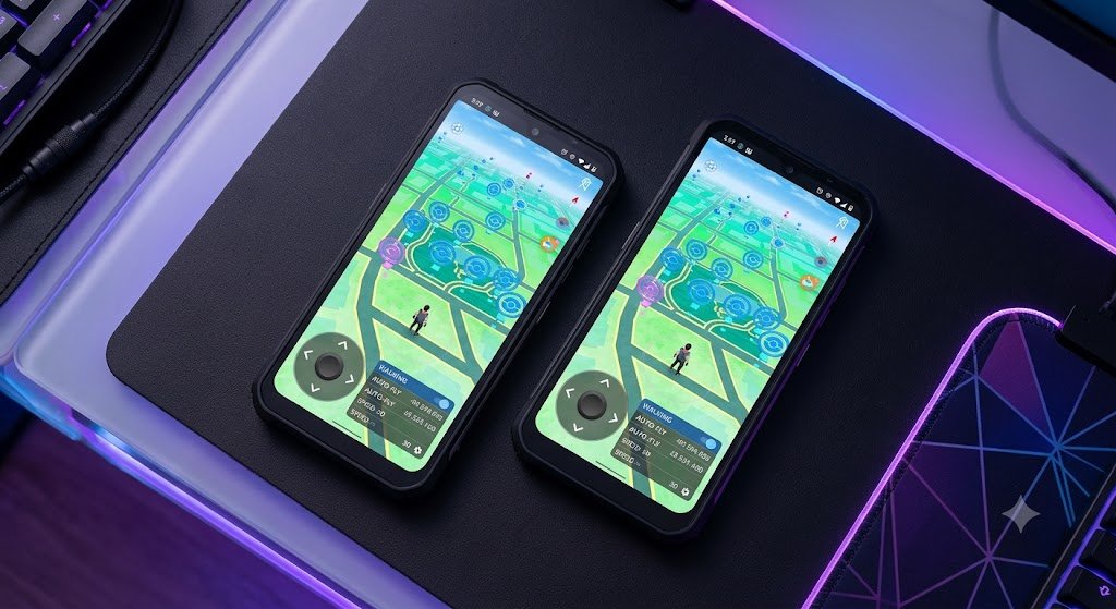 A high end gaming desk with custom rooted Android spoofing phones