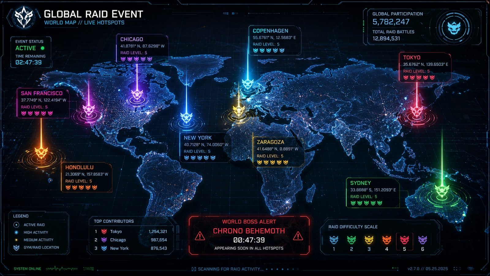 Pokemon GO Fest 2026 raid hotspots map with Tokyo Chicago Copenhagen New York and Zaragoza coordinates