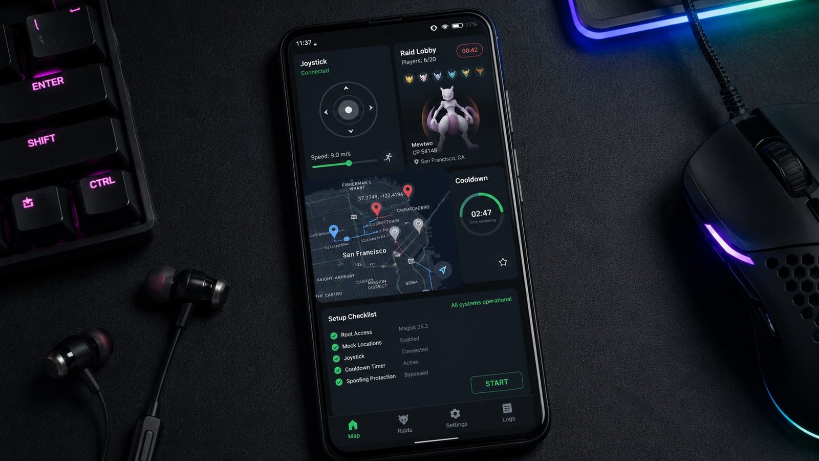 Pokemon GO Fest raid phone setup with Android smartphone joystick interface and raid dashboard