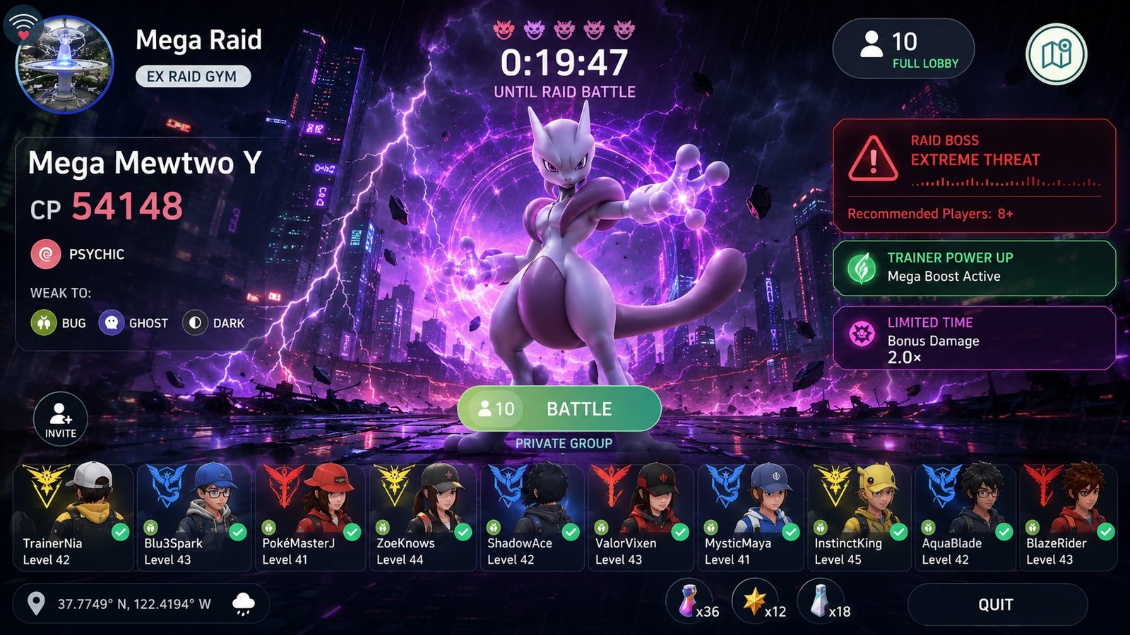 Mega Mewtwo raid coordinates interface for Pokemon GO Fest 2026 full raid lobbies
