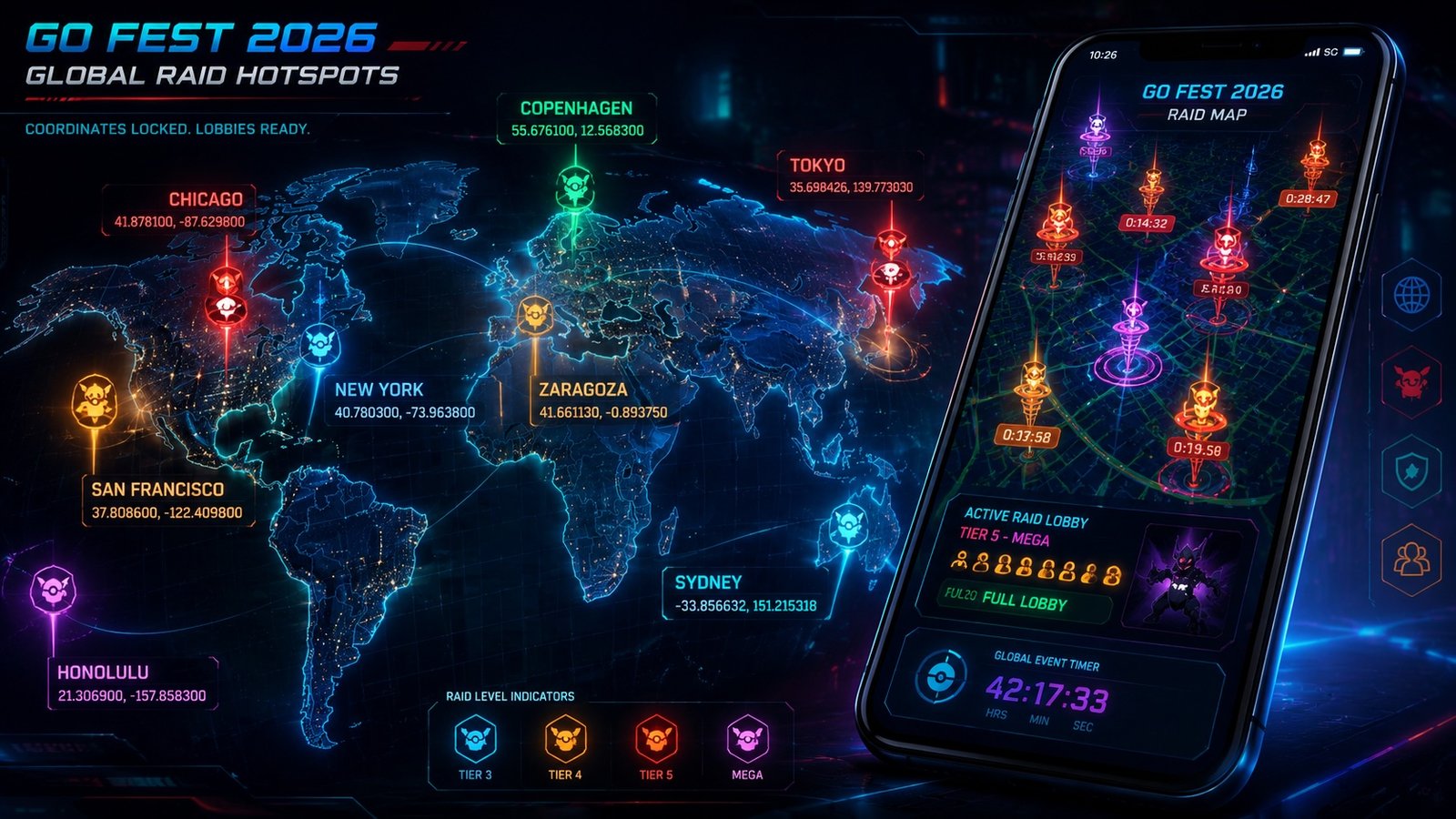Pokemon GO Fest 2026 raid coordinates map with glowing city raid hotspots