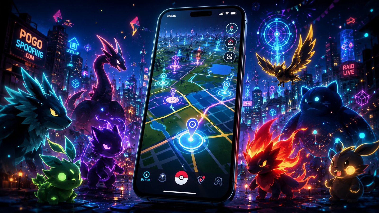 Pokémon GO Fest spoofing map on a smartphone with glowing GPS waypoints