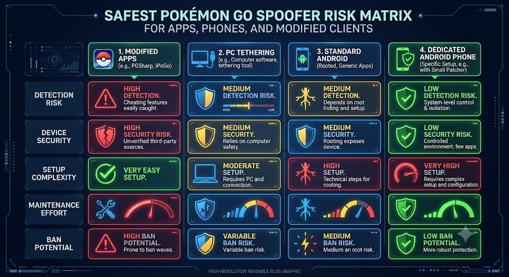 Safest Pokémon GO spoofer risk matrix for apps phones and modified clients
