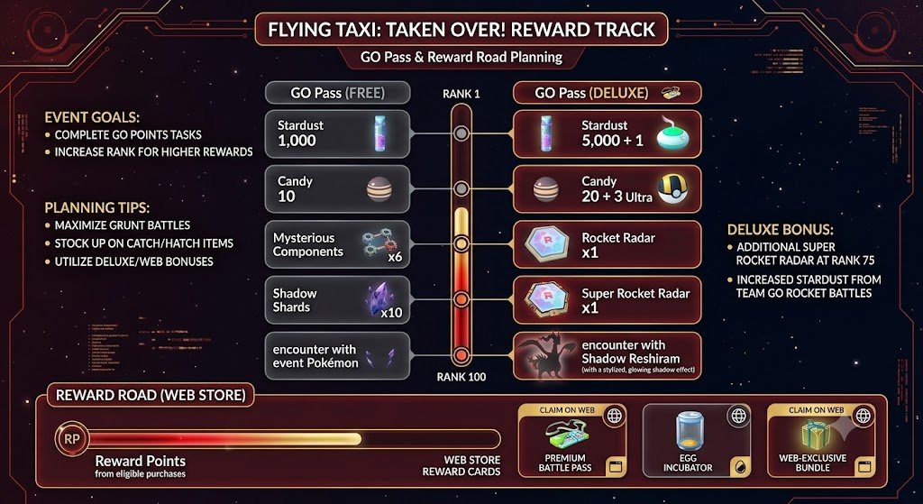 Shadow Reshiram GO Pass and Reward Road planning for Pokemon GO Flying Taxi